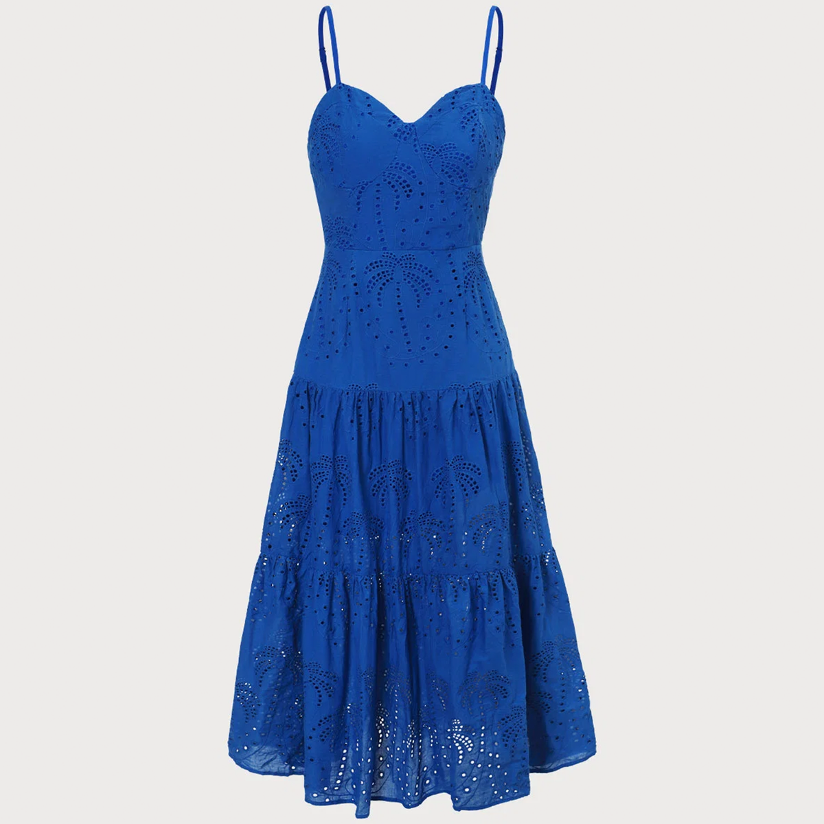 Sweetheart Neck Embroidery Tiered Spaghetti‑Strap Midi Dress