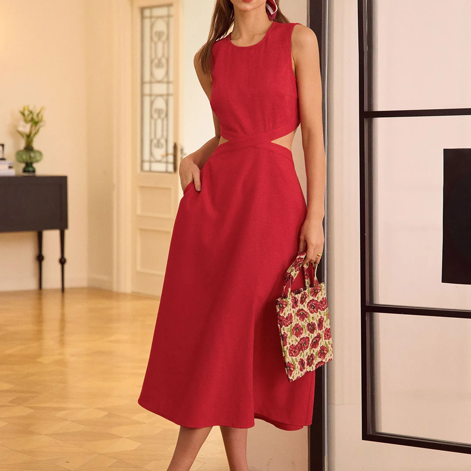 Round‑Neck Sleeveless Side Cut‑Out Tie‑Back Midi Dress