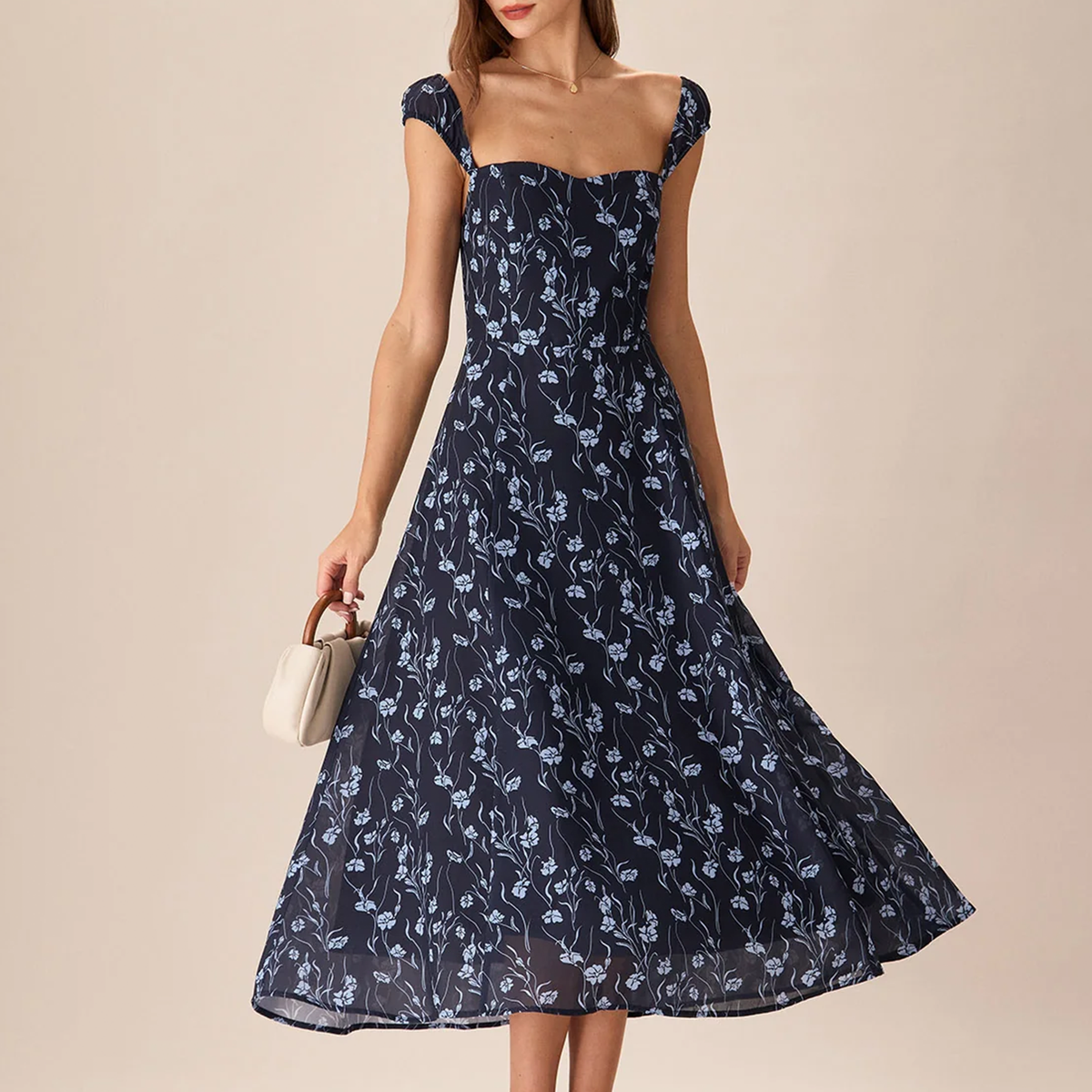 Navy Sweetheart Neck Cap‑Sleeve Navy Floral Midi Dress