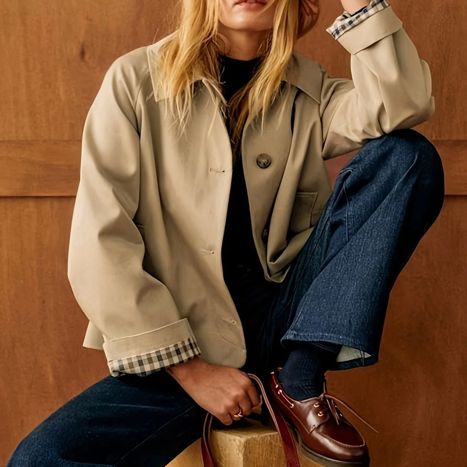 Khaki Single Breasted Contrast Detail Cropped Casual Jacket