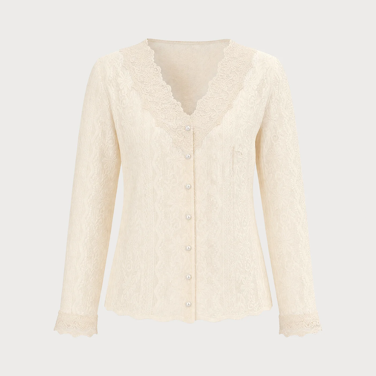Apricot‑Tone V‑Neck Floral Textured Knit Button Cardigan