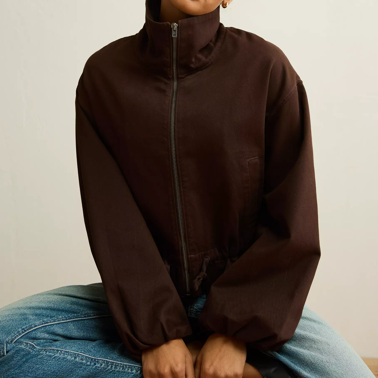Funnel Neck Drawstring Waist Cropped Bomber Jacket