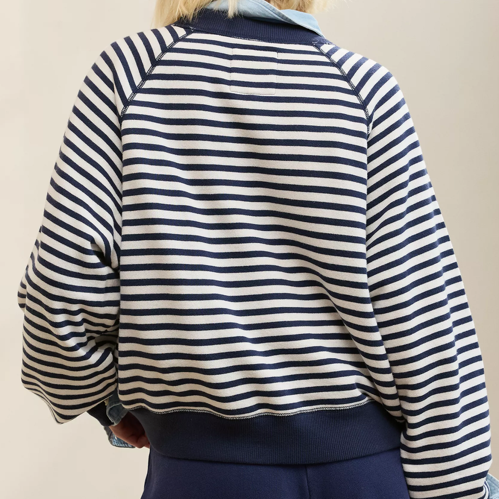 Classic‑Length Striped Raglan Crew Neck Fleece Sweatshirt