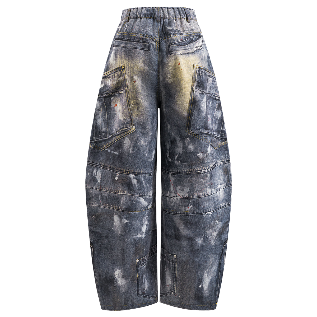 Abstract Printed Multi‑Pocket Barrel‑Cut Twill Trousers