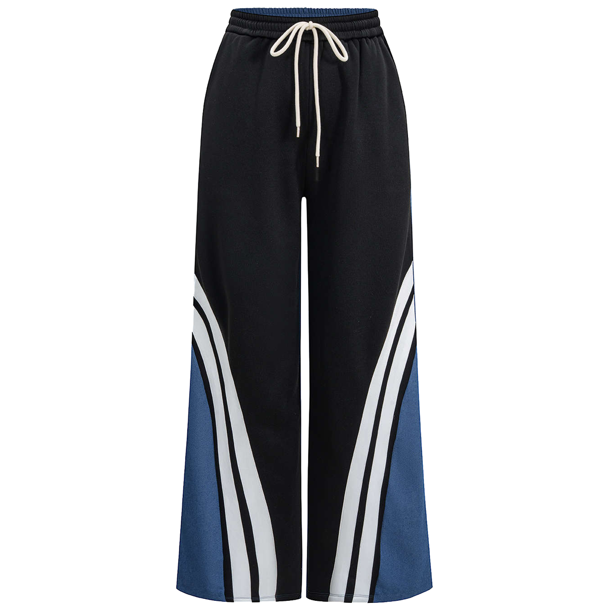Striped Patchwork Drawstring Wide‑Leg Twill Trousers